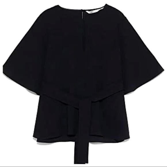 Zara Black Flowy Top Blouse Tie Bow Bell sleeves Size S - Picture 2 of 12